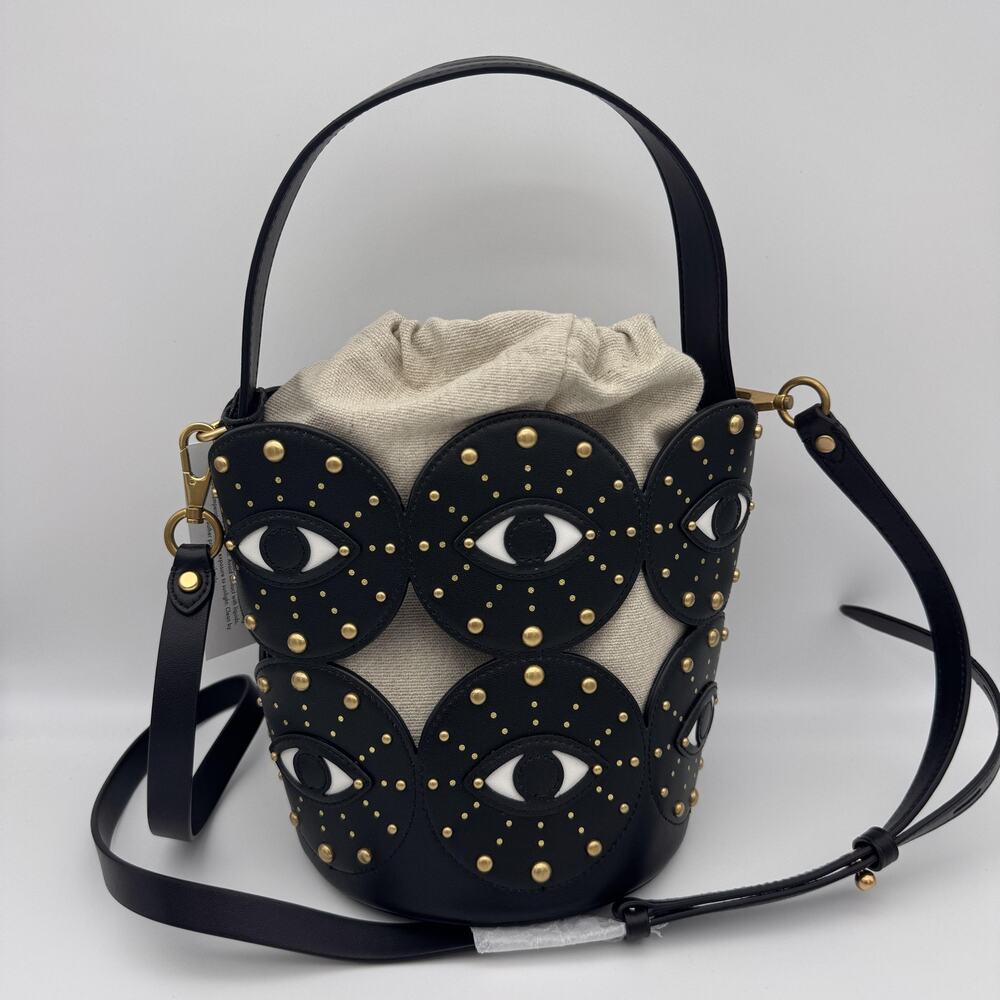 Rebecca Minkoff Evil Eye Bucket Bag Studded Leather Canvas Crossbody Black NEW - Picture 8 of 16